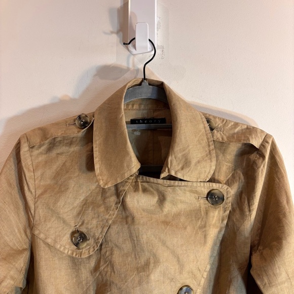 THEORY Sz M Nania Hummingbird 100% Linen Trench Coat Pockets Buttons - Picture 5 of 11